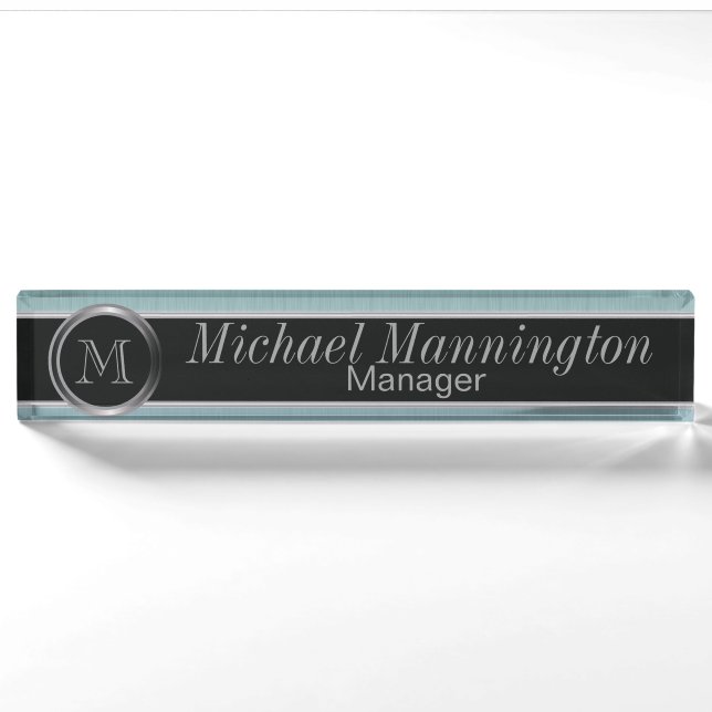 Executive Monogram Design | Turquoise Brush Steel Nameplate (Front)