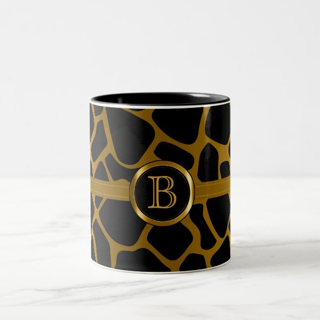 Executive Monogram - Gold & Black Giraffe Pattern Two-Tone Coffee Mug (Center)