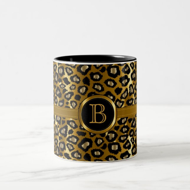 Executive Monogram - Gold & Black Leopard Pattern Two-Tone Coffee Mug (Center)