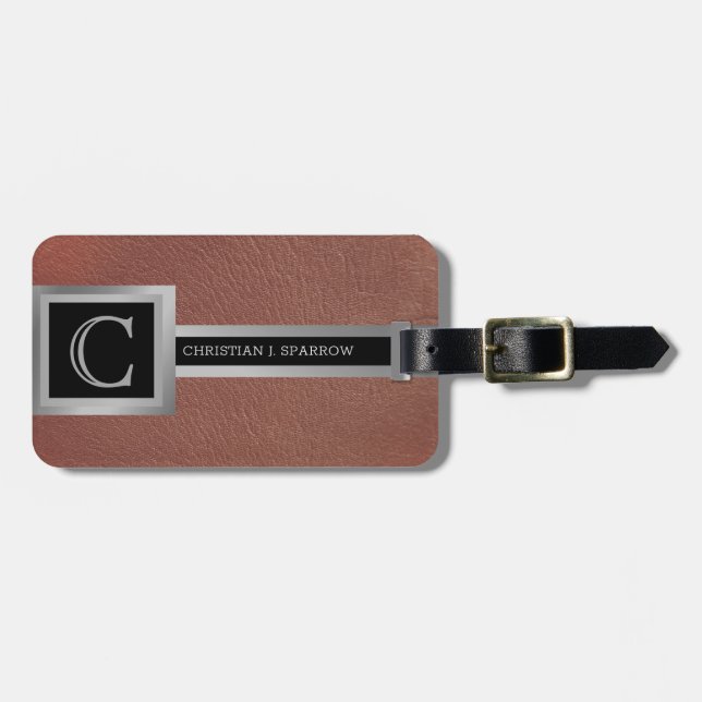 Executive Red Leather & Silver Metal monogrammed Luggage Tag (Front Horizontal)