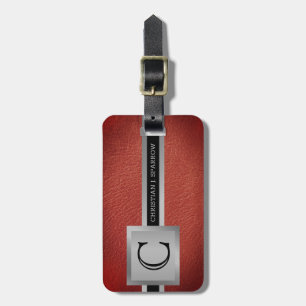 Executive Red Leather & Silver Metal monogrammed Luggage Tag