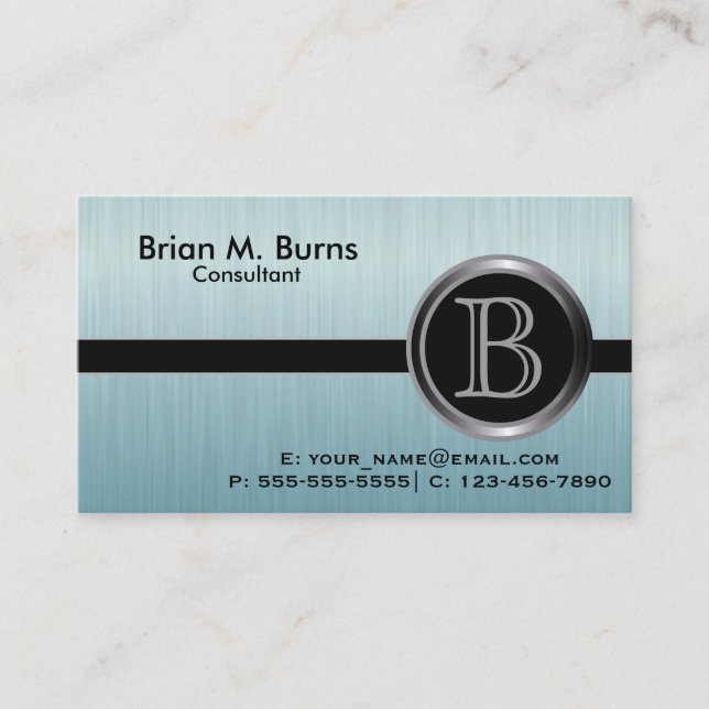 Executive Turquoise Brush Steel Monogram Business Card (Front)