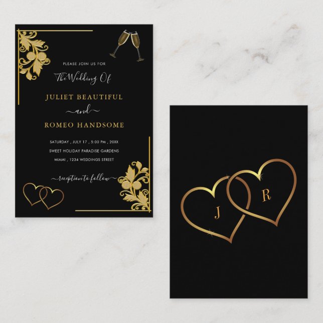 Exemple de Faire-part de mariage Floral Noir et Or (Devant / Derrière)