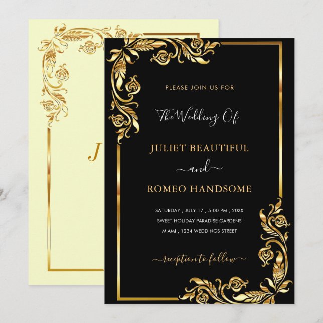 Exemple de Faire-part de mariage Florale d'or noir (Devant / Derrière)