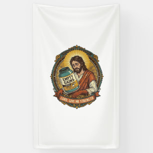 Exhausted Jesus Empty Protein Powder Tub Gym Humou Banner