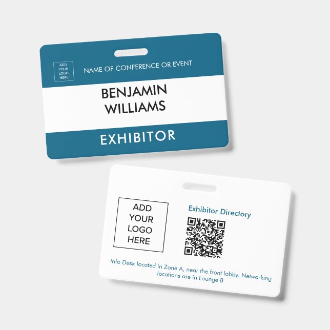 Exhibitor Name Badge QR Black White Custom Logo ID (Front & Back)