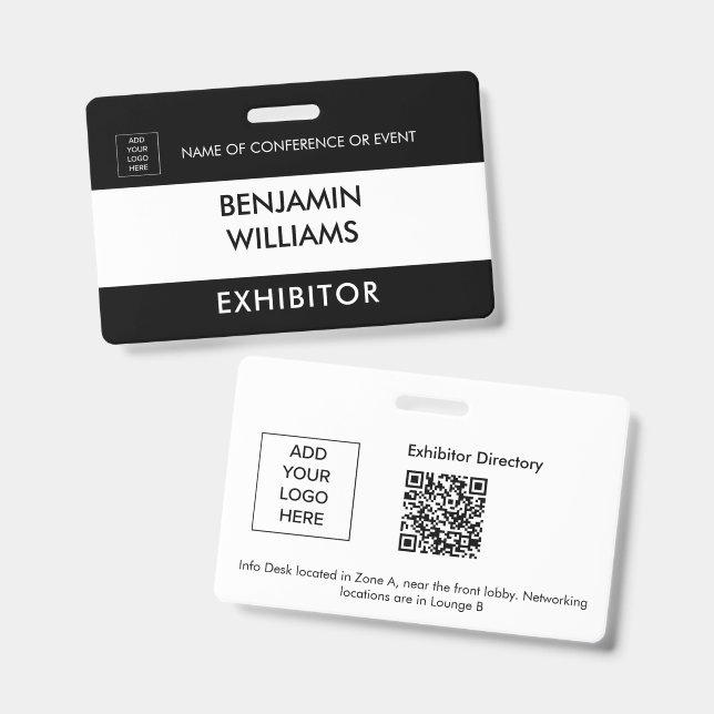 Exhibitor Name Badge QR Black White Custom Logo ID (Front & Back)
