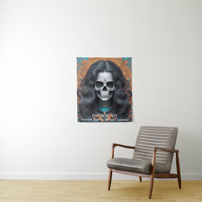 EXISTENTIAL LITE Memento Mori Femme Skull Tapestry (In Situ)