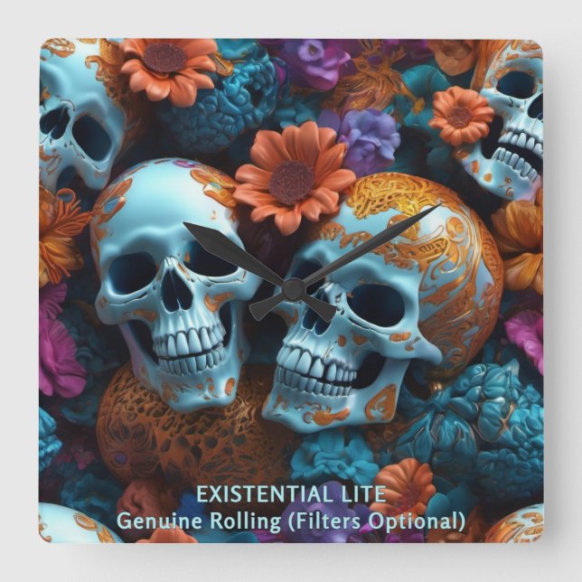 EXISTENTIAL LITE Memento Mori Lovers Skulls Square Wall Clock (Front)