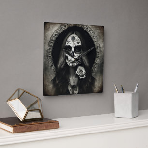 EXISTENTIAL LITE Vintage Femme Skull Portrait 2 Square Wall Clock