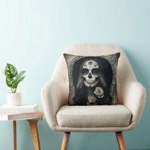 EXISTENTIAL LITE Vintage Femme Skull Portrait 2 Throw Pillow