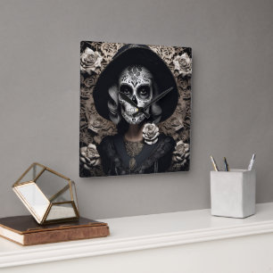 EXISTENTIAL LITE Vintage Femme Skull Portrait 3 Square Wall Clock