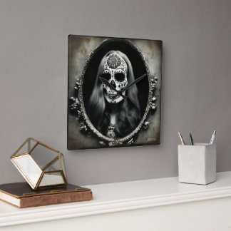EXISTENTIAL LITE Vintage Femme Skull Portrait 5 Square Wall Clock