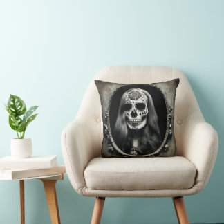 EXISTENTIAL LITE Vintage Femme Skull Portrait 5 Throw Pillow