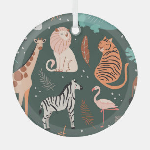 Exotic Animals: Dark Tropical Kids' Pattern. Glass Ornament