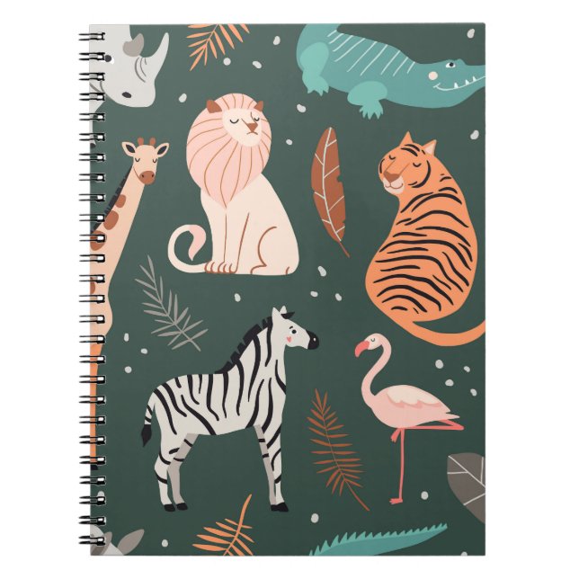 Exotic Animals: Dark Tropical Kids' Pattern. Notebook (Front)