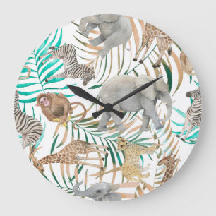 Exotic Animals: Watercolor Summer Pattern. Large Clock