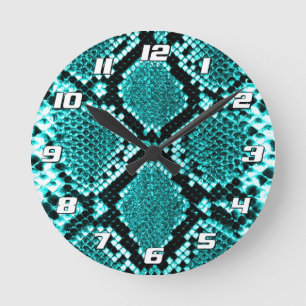Exotic Aqua Diamond Rattlesnake Skin Animal Print Round Clock