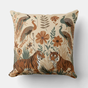 exotic art of tigers and bohemian floral turkeys throw pillow