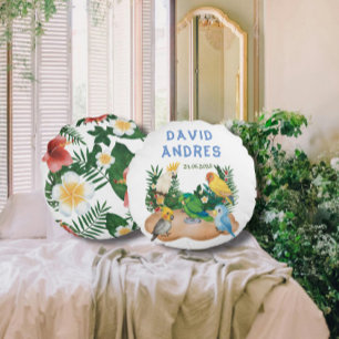 Exotic Baby Parrots Tropical Wild One Birthday Round Pillow