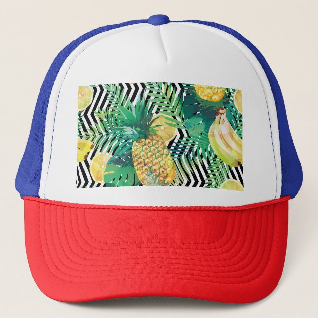 Exotic Bananas Lemons Tropical Seamless Trucker Hat (Front)