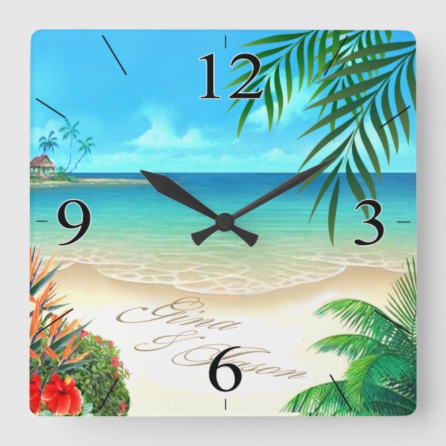 Exotic Beach ASK ME TO DRAW YOUR NAMES IN SAND Square Wall Clock (Front)