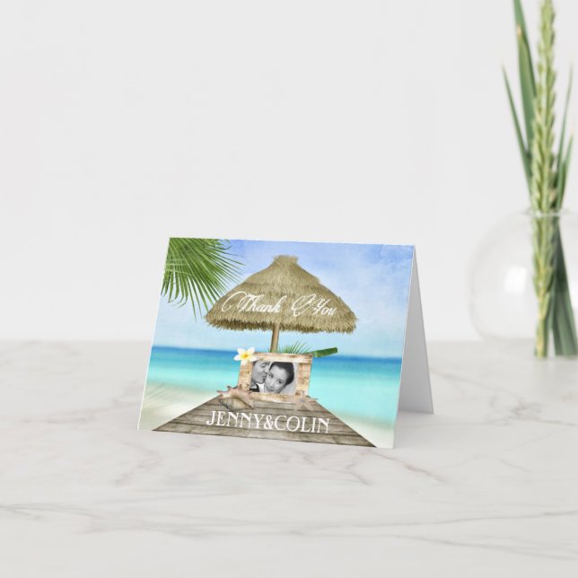 Exotic Beach Custom Photo Wedding Thank You Card (Front)