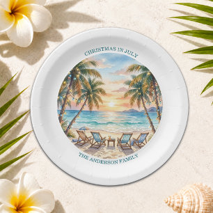 Exotic Beach Palm Trees Christmas in July Paper Plate