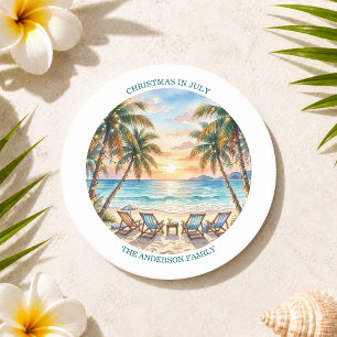 Exotic Beach Palm Trees Christmas in July  Round Paper Coaster