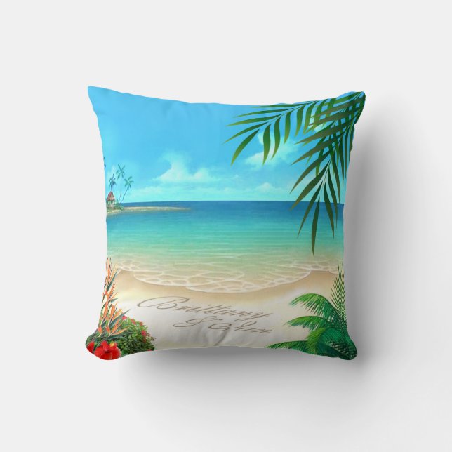 Exotic Beach Tropical ask me to add names in sand Throw Pillow (Front)