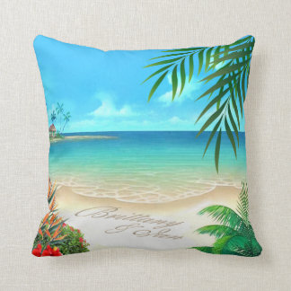Exotic Beach Tropical ask me to add names in sand Throw Pillow