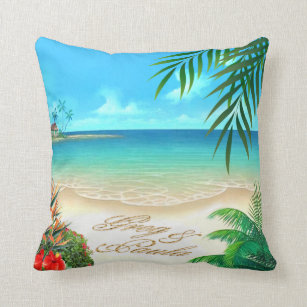 Exotic Beach Tropical ask me to add names in sand Throw Pillow