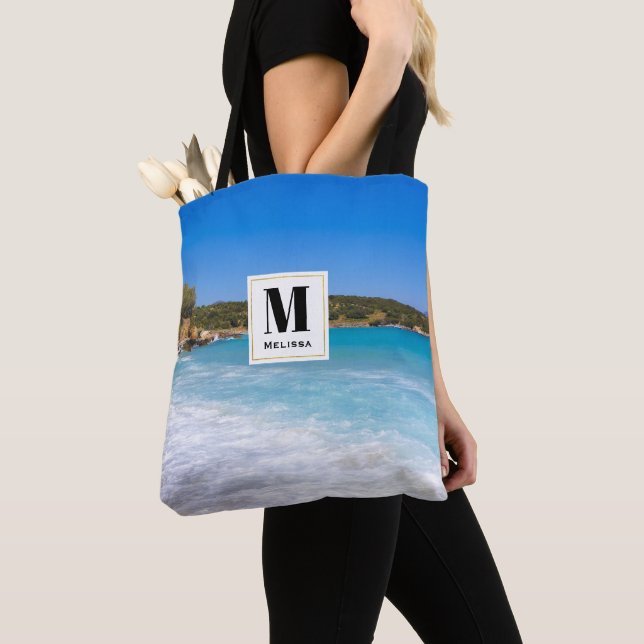 Exotic Beach Tropical Island Paradise Monogram Tote Bag (Close Up)