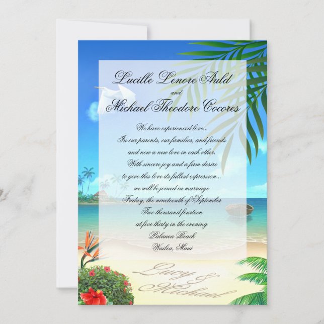 Exotic Beach Wedding "Faux Vellum" Invitation (Front)