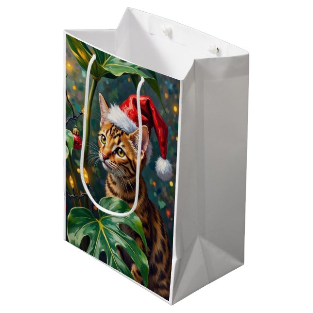 Exotic Bengal Cat Jungle Christmas Playtime Art Medium Gift Bag (Front Angled)