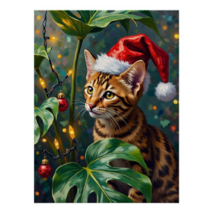 Exotic Bengal Cat Jungle Christmas Playtime Art Poster