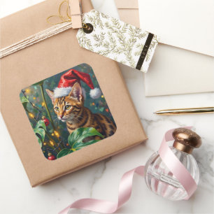 Exotic Bengal Cat Jungle Christmas Playtime Art Square Sticker