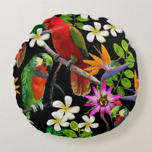 exotic birds and beautiful flowers round pillow