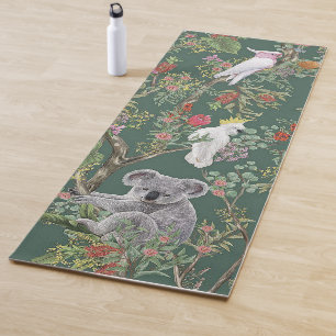 Exotic Birds and Koala Bear Green Floral Yoga Mat