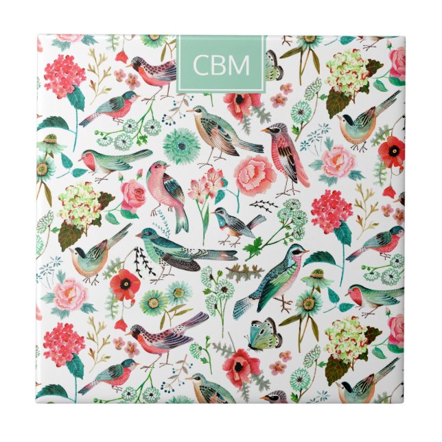 Exotic birds Jungle Floral Pattern with Monogram Tile (Front)