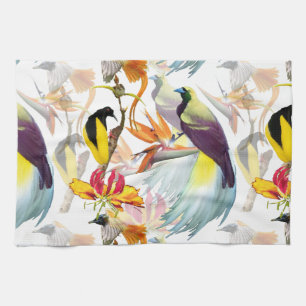 Exotic Birds of Paradise and Flowers Watercolor Kitchen Towel