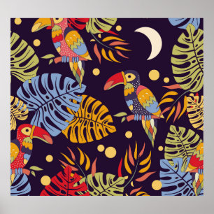 Exotic Birds Plants Colourful Pattern Poster