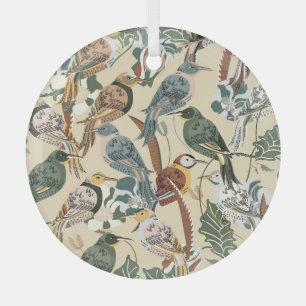 Exotic Birds: Tropical Seamless Print. Glass Ornament