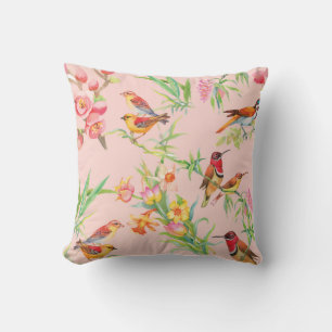 Exotic Birds: Vintage Floral Seamless. Throw Pillow