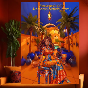 Exotic Birthday Blue Orange Moroccan Themed Party Invitation