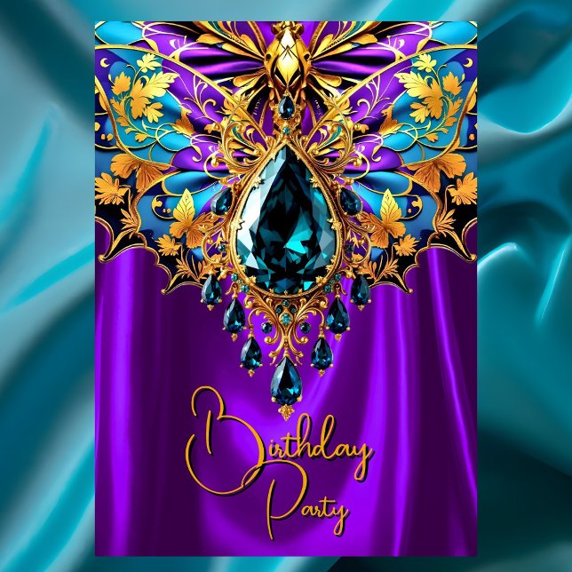 Exotic Birthday Purple teal Blue Gold Jewel Invitation (Creator Uploaded)