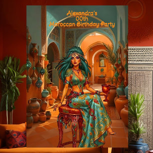 Exotic Birthday Teal Gold Orange Moroccan Theme Invitation