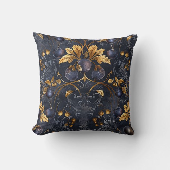 Exotic Black Berries Golden Leaves Royal Garden Throw Pillow (Front)
