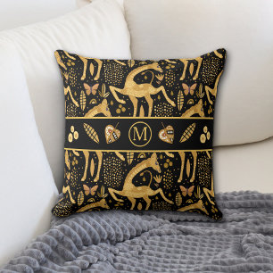 Exotic Black Gold Giraffe Boho Monogram Throw Pillow