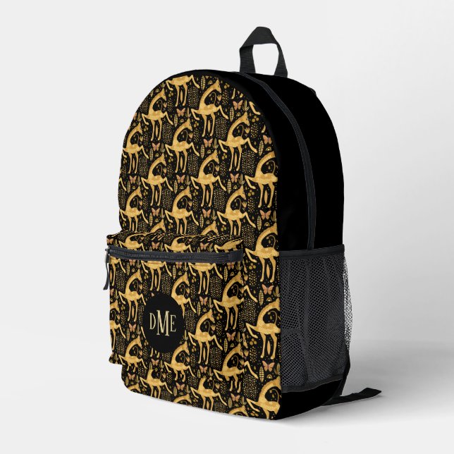 Exotic Black Gold Giraffe Monogram Printed Backpack (Back Corner Right)